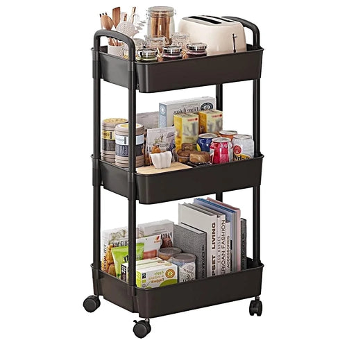 3 Tier Metal Rolling Utility Cart with 6 Hooks, Black